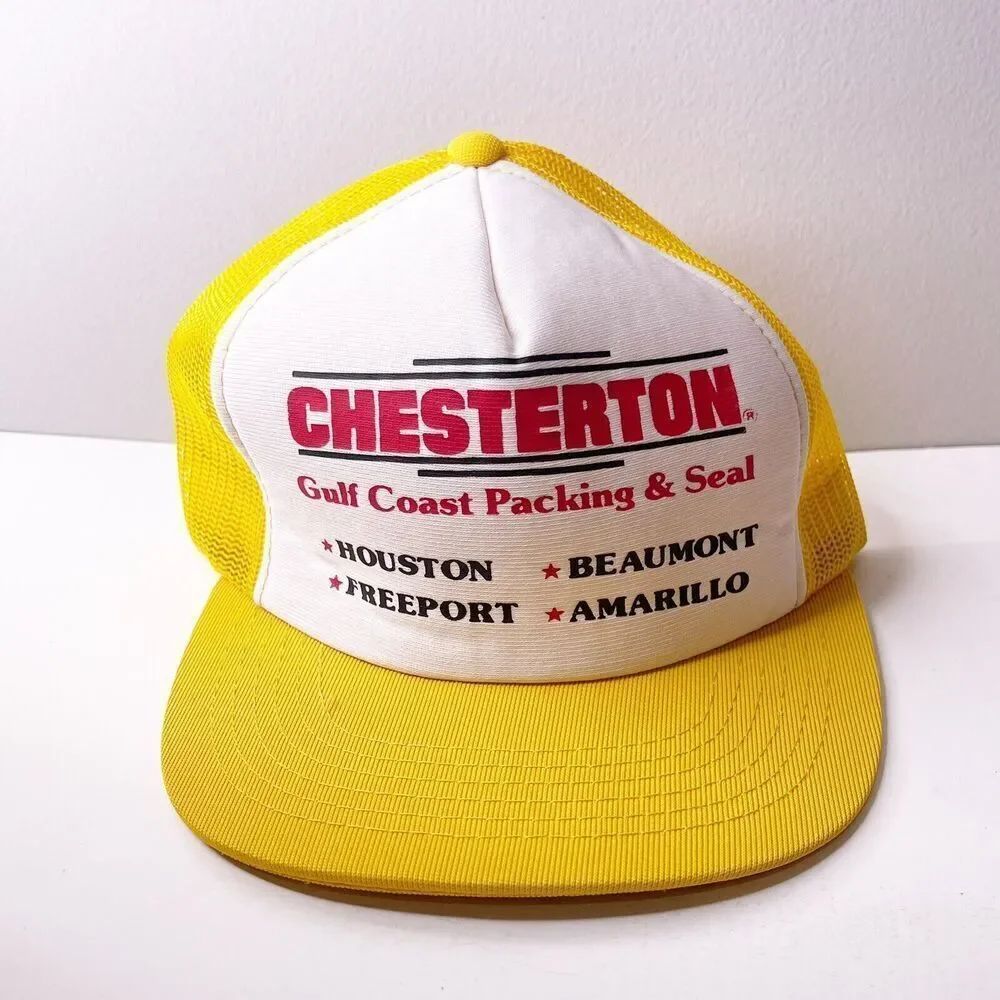 Vintage Mesh Snap Back Trucker Hat Yellow Foam‎ Texas Chesterton Gulf Coast Cap